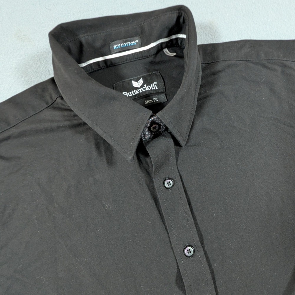 Buttercloth Button Down Shirt Mens XL Black Icy Cotton Slim Fit‎ Short Sleeve